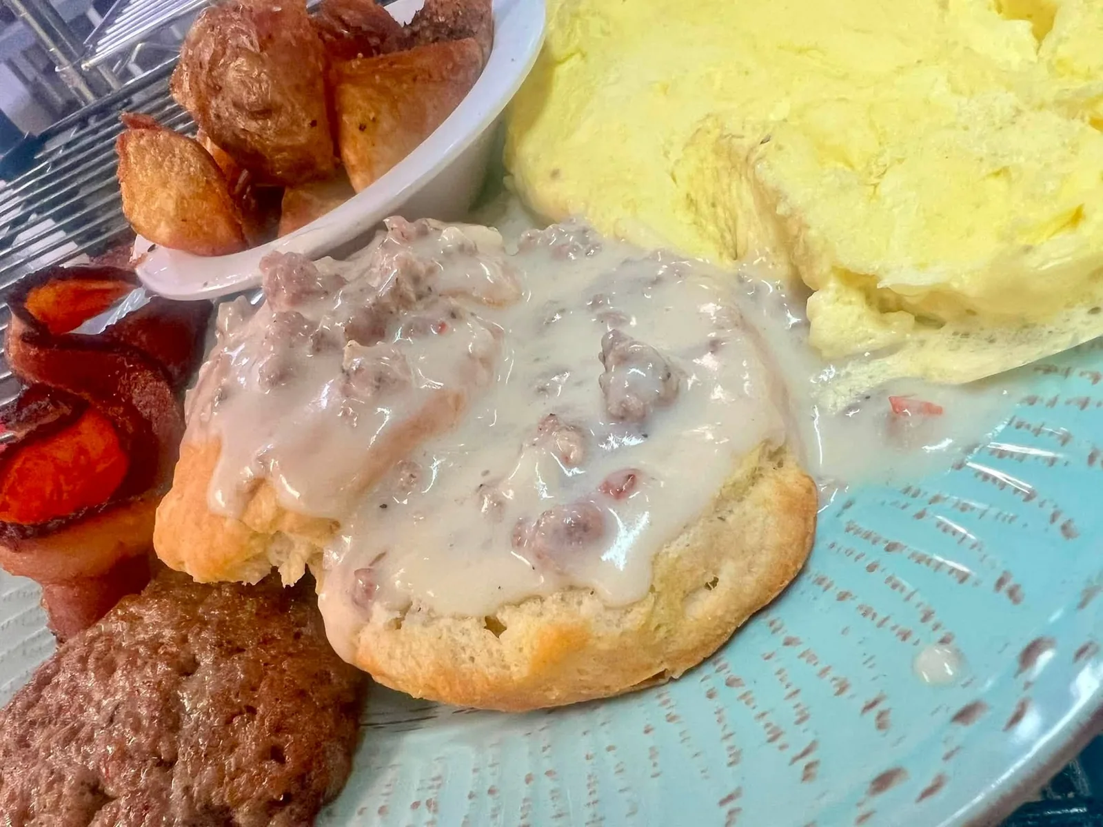 A folded breakfast omelet plated at The Sea Biscuit Café